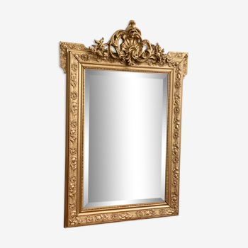 Miroir ancien louis Philippe fronton doré biseauté cheminée 81x120cm