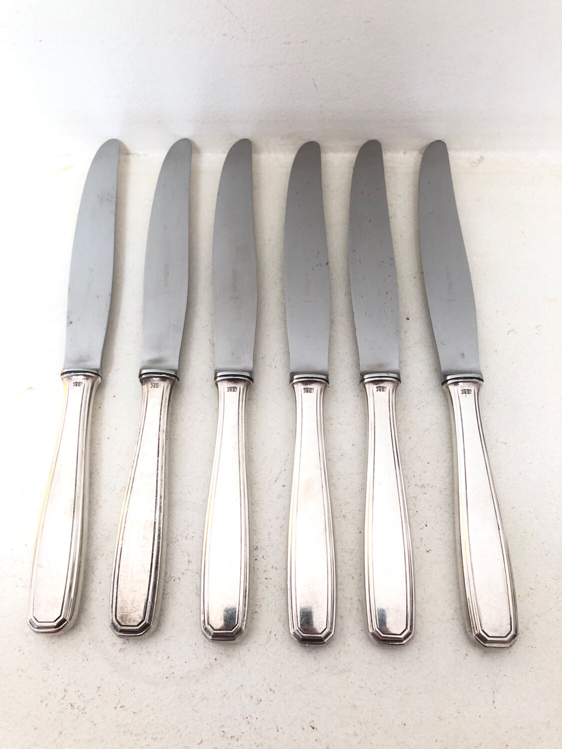 Set of 6 silver metal knives 1930