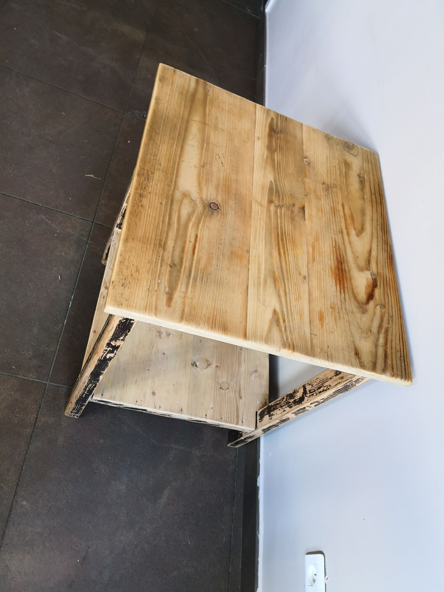 Vintage wooden side table, entrance console, square pedestal table 2 floors.