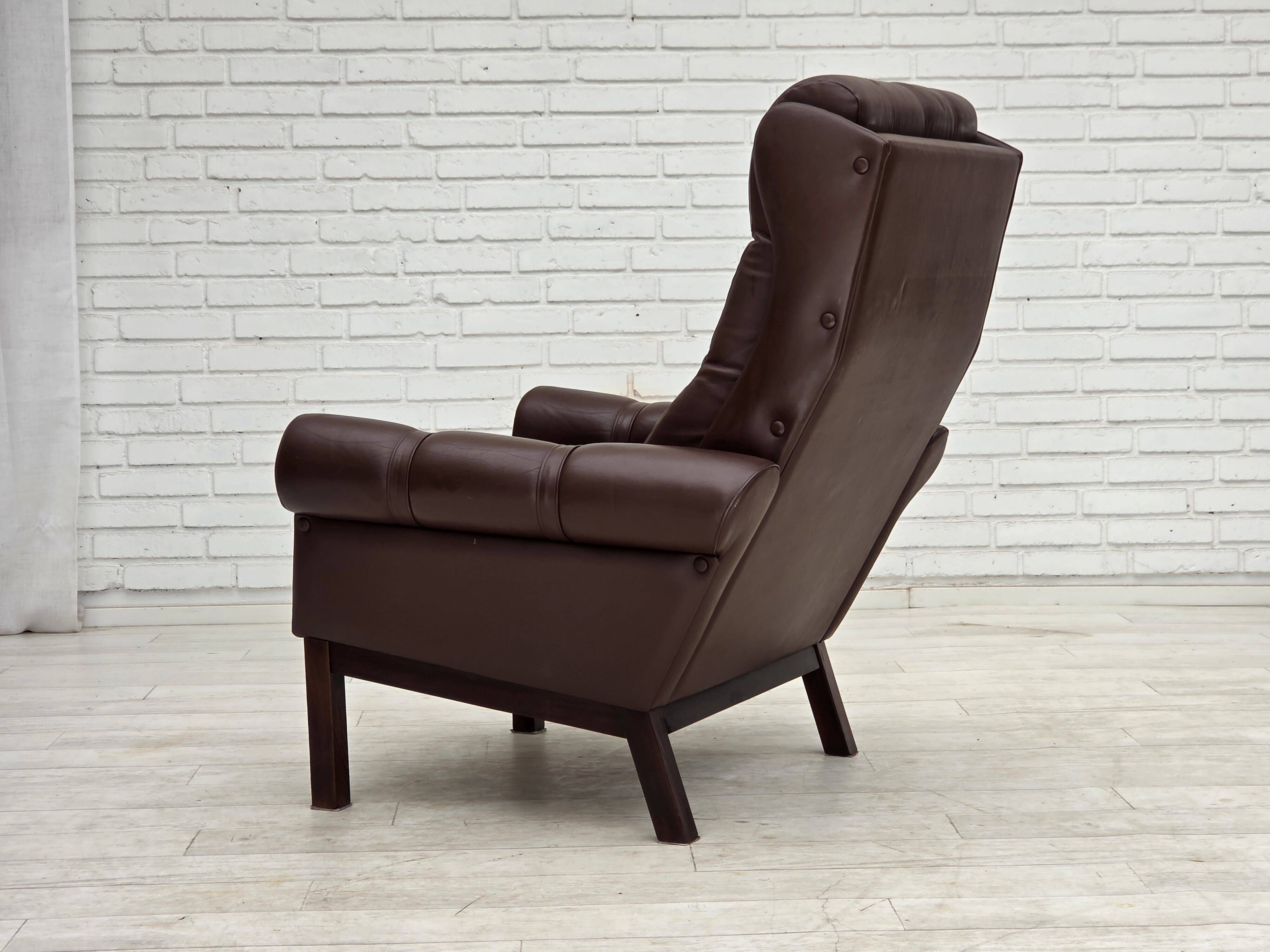 1970s, Danish armchair, original brown furniture leather.