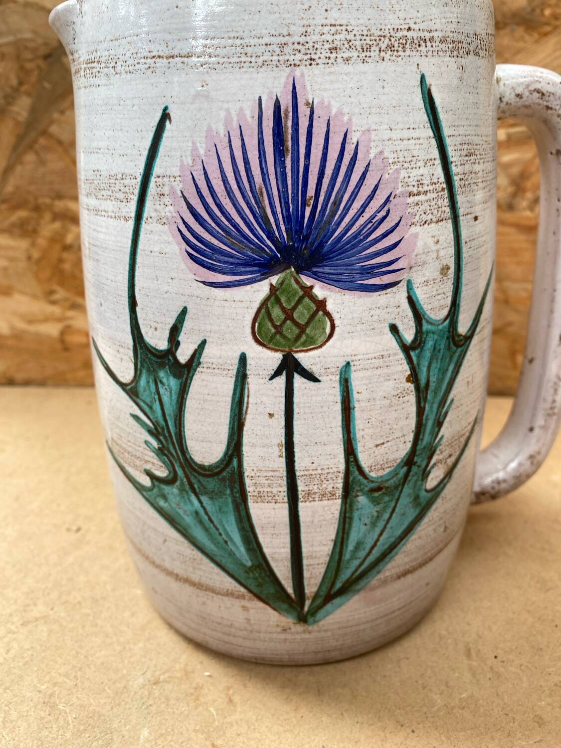 Antique vallauris ceramic pitcher with vintage blue thistle decor