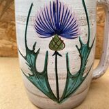 Antique vallauris ceramic pitcher with vintage blue thistle decor