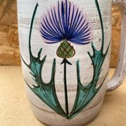 Antique vallauris ceramic pitcher with vintage blue thistle decor