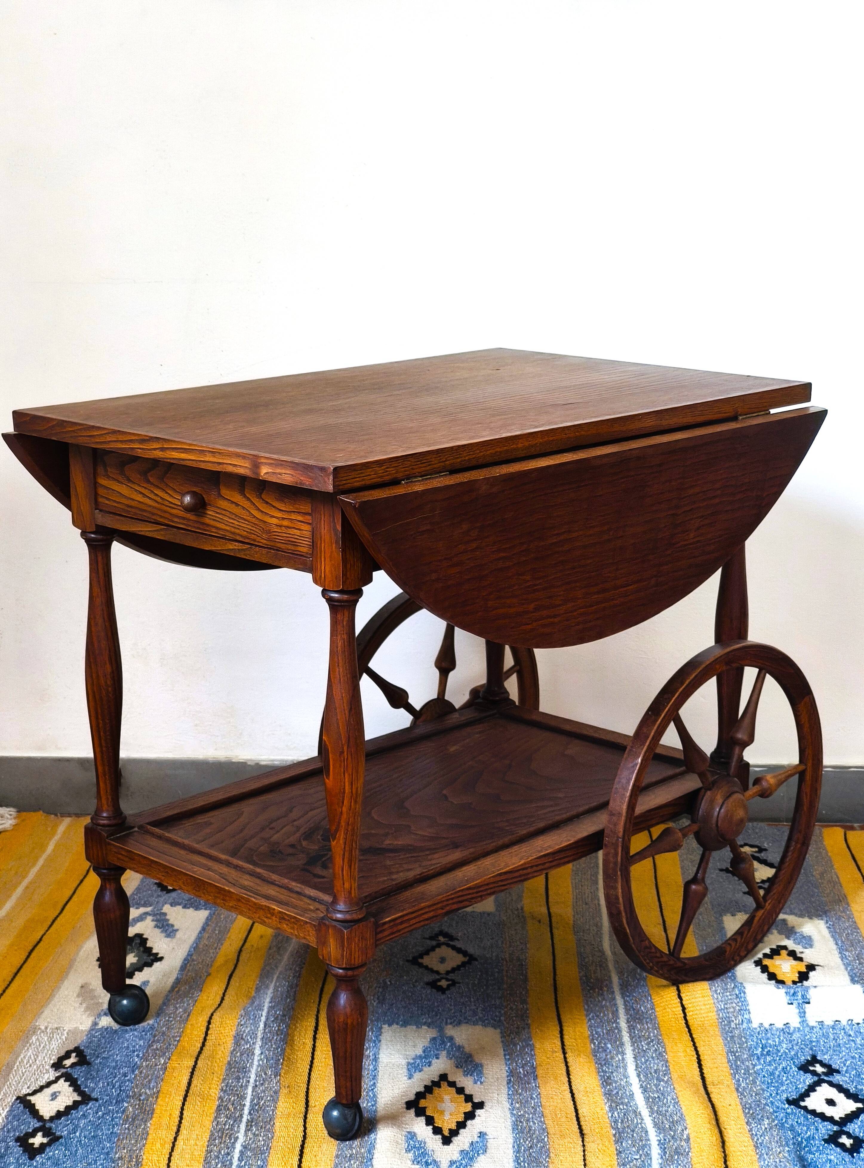 Folding dessert table in solid chestnut, 2 drawers, wheels, 20th century.