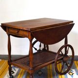 Folding dessert table in solid chestnut, 2 drawers, wheels, 20th century.