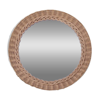 Ancien miroir rond en osier tressé – 40 cm - années 70