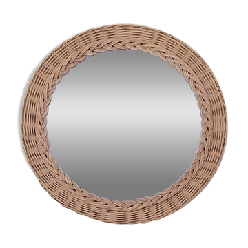 Antique round woven wicker mirror – 40 cm – 1970s
