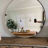 Miroir rond diamètre 90 cm monté sur panneau MDF, entourage teinté noir