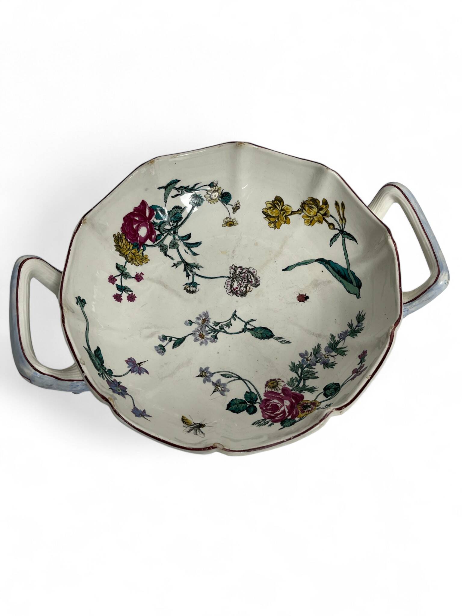 Gien, coupe faïence polychrome insectes et fleurs fin XIXème