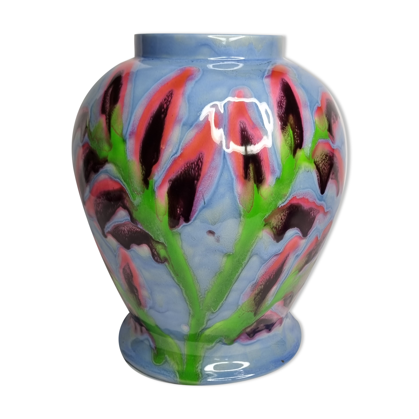 Ricard enamelled ceramic vase, signed, 28 cm
