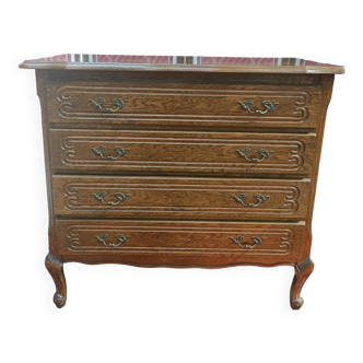 Commode en chêne vintage, 4 tiroirs et plateau style bois tressé