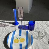 3 large Italian plates with blue stripes and lemons pattern