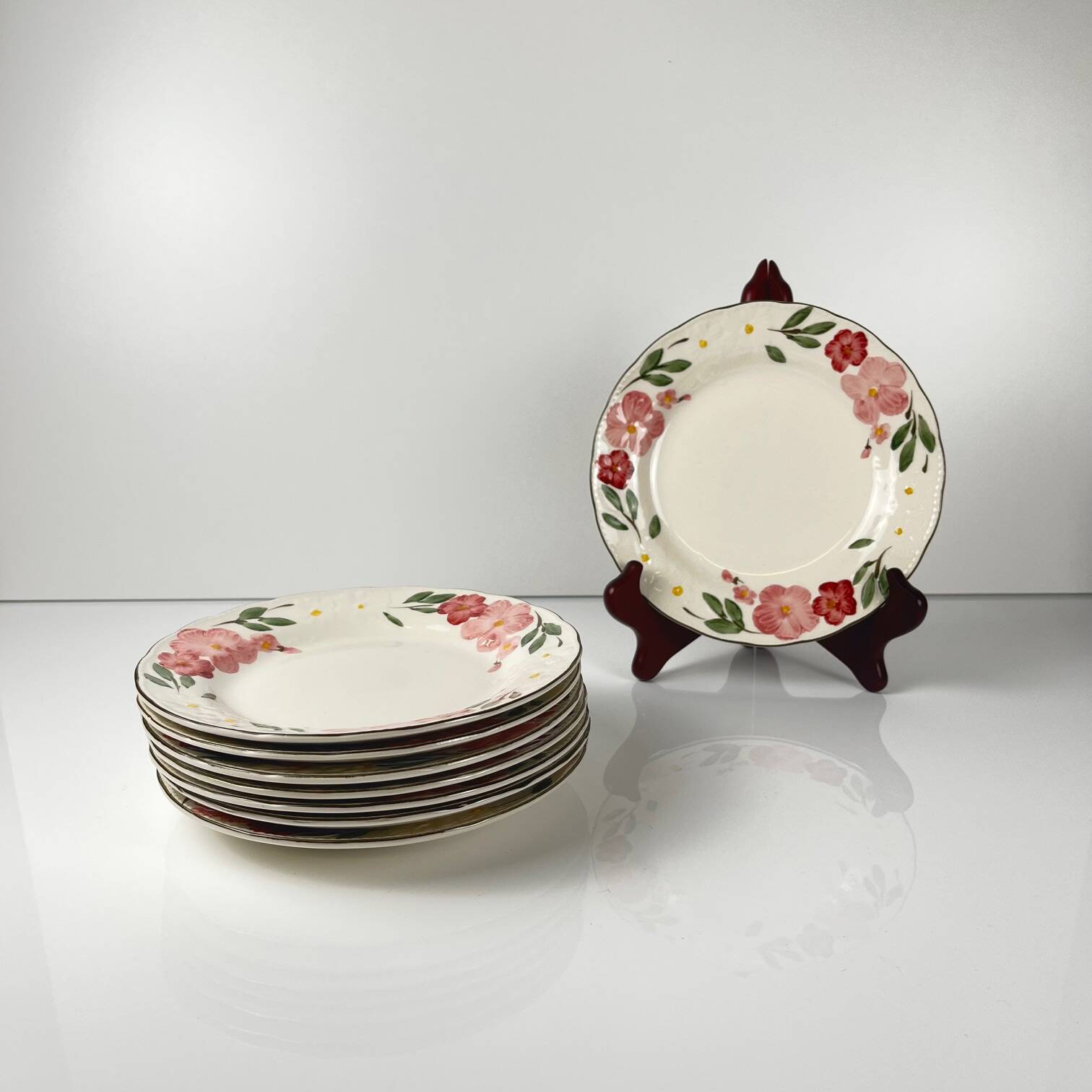 Set of 8 dessert plates: Cameo Florals Malaysia porcelain 1970–90