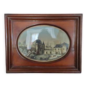 Dessin réhaussé à la gouache cadre en bois époque XIXème