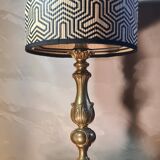1960s neo-classical brass lamp with bamboo shade and geometric pattern.