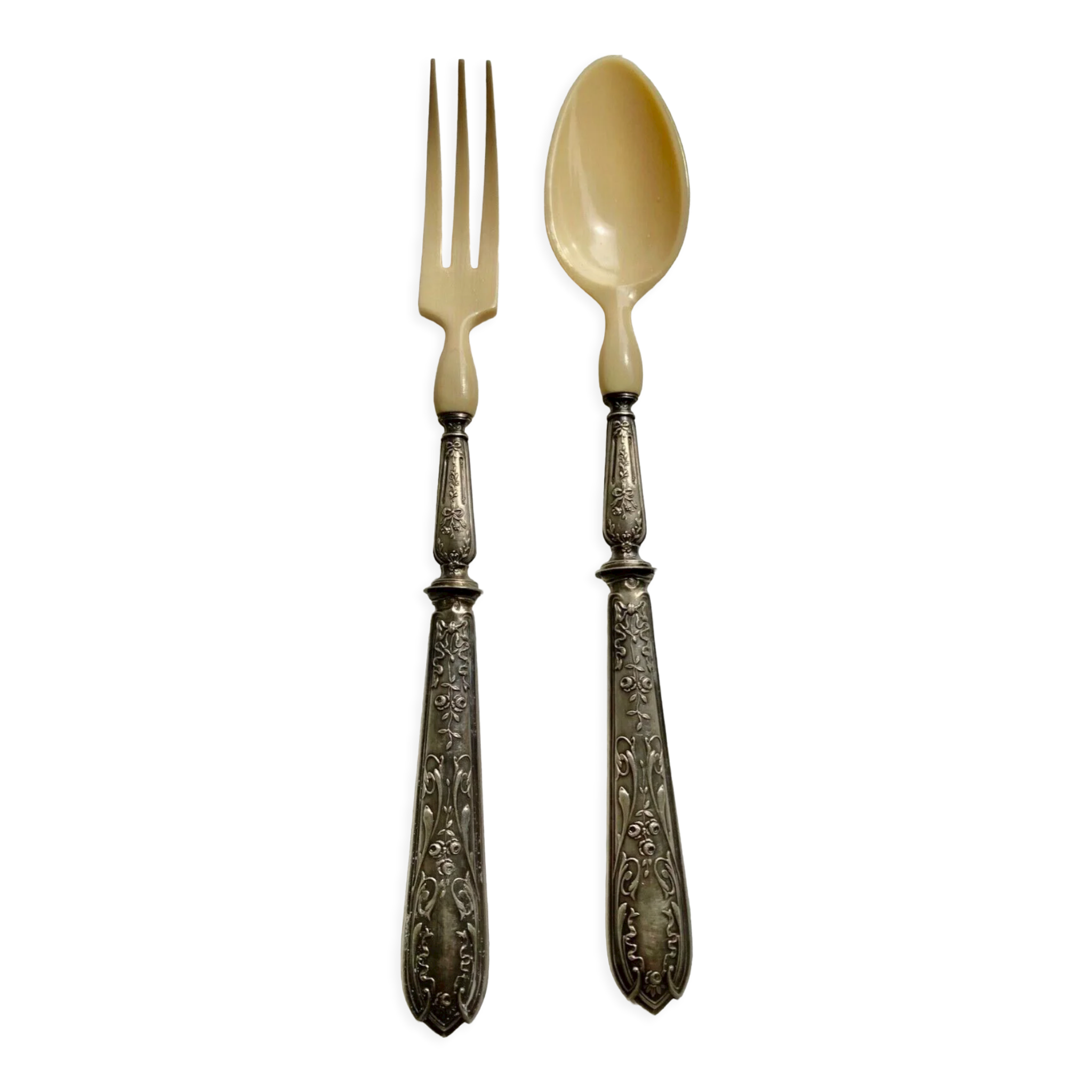 Salad cutlery in solid silver filled hallmark Minerva and horn style louis xv