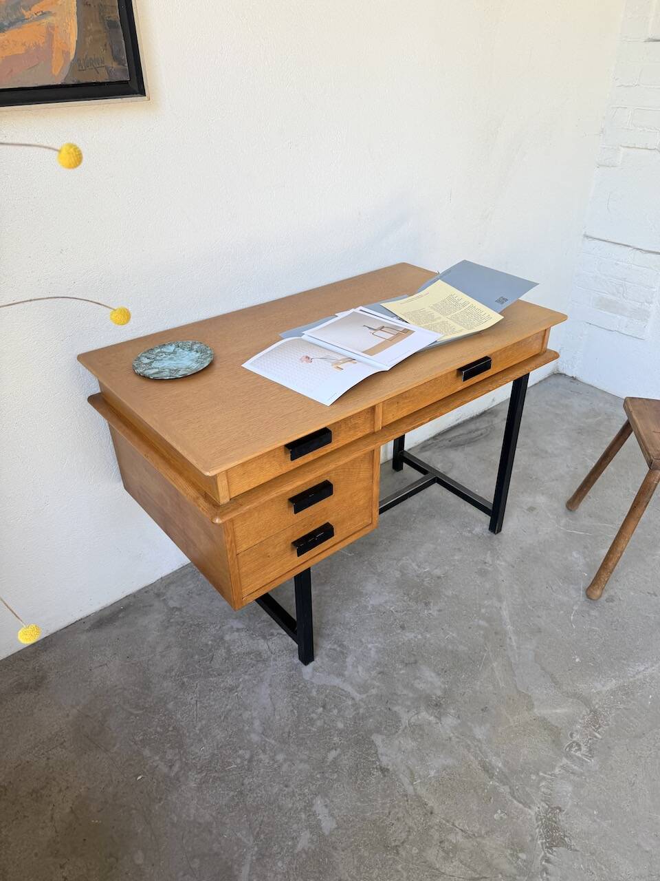 Modernist 50s oak metal desk