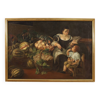 Great Italian painting from the 18th century, genre scene with still life