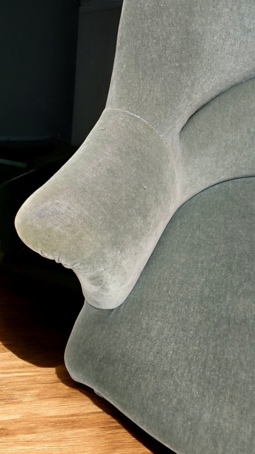 Pair of celadon green velvet armchairs with armrests, esprit