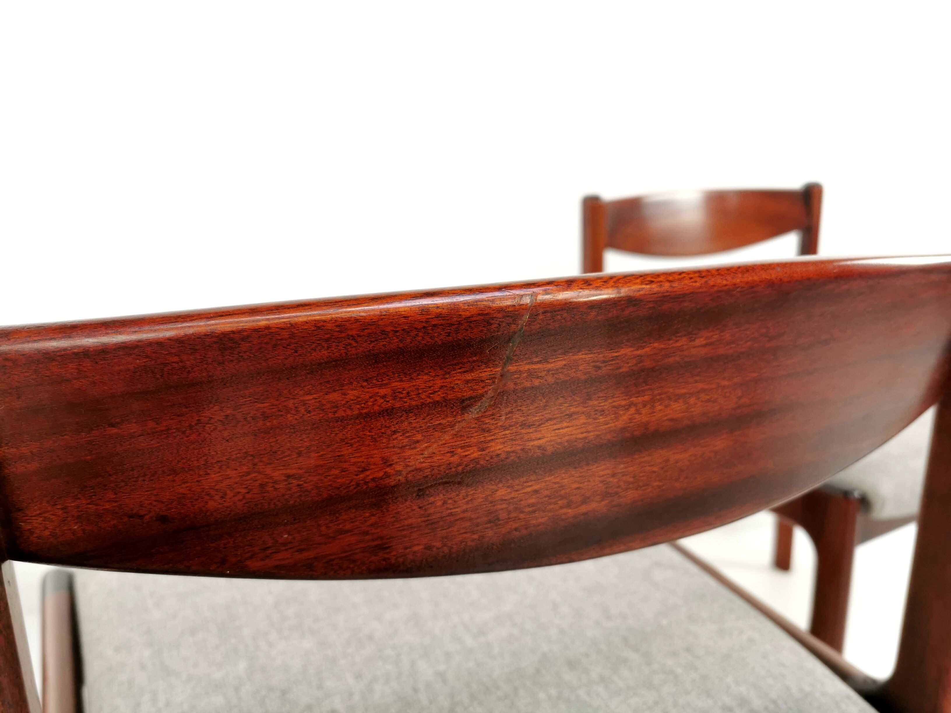 Set of 6 newly upholstered Mcintosh grey herringbone rosewood dining chairs