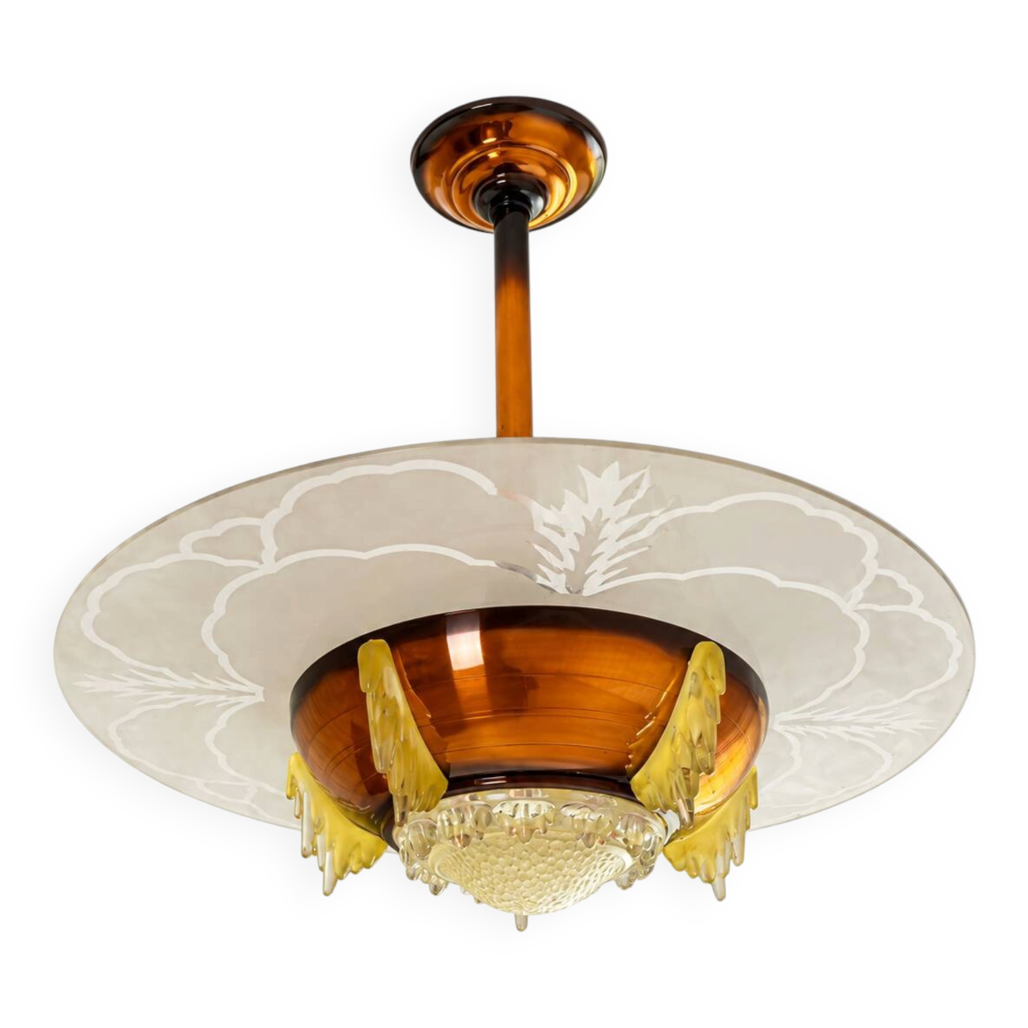 Art Deco pendant light in amber glass and etched glass – Ø 55 cm