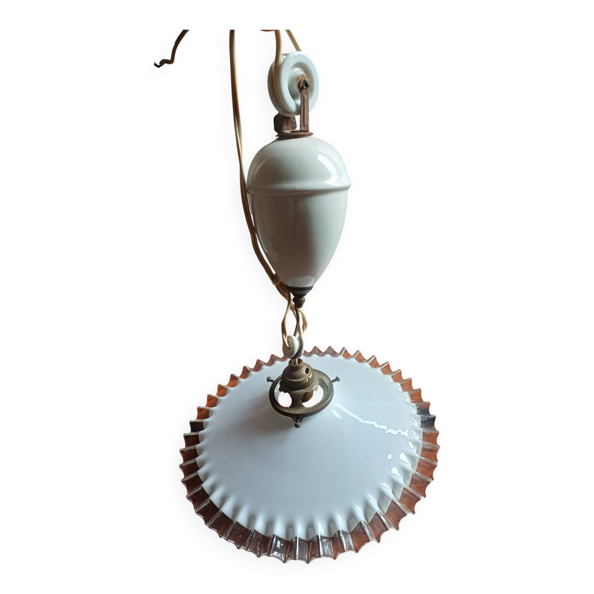 Vintage "rise and fall" lamp in opaline and porcelain