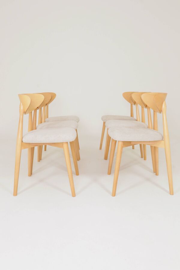 Ensemble moderne de 6 chaises de salle à manger, tissu écru et bois de hêtre naturel