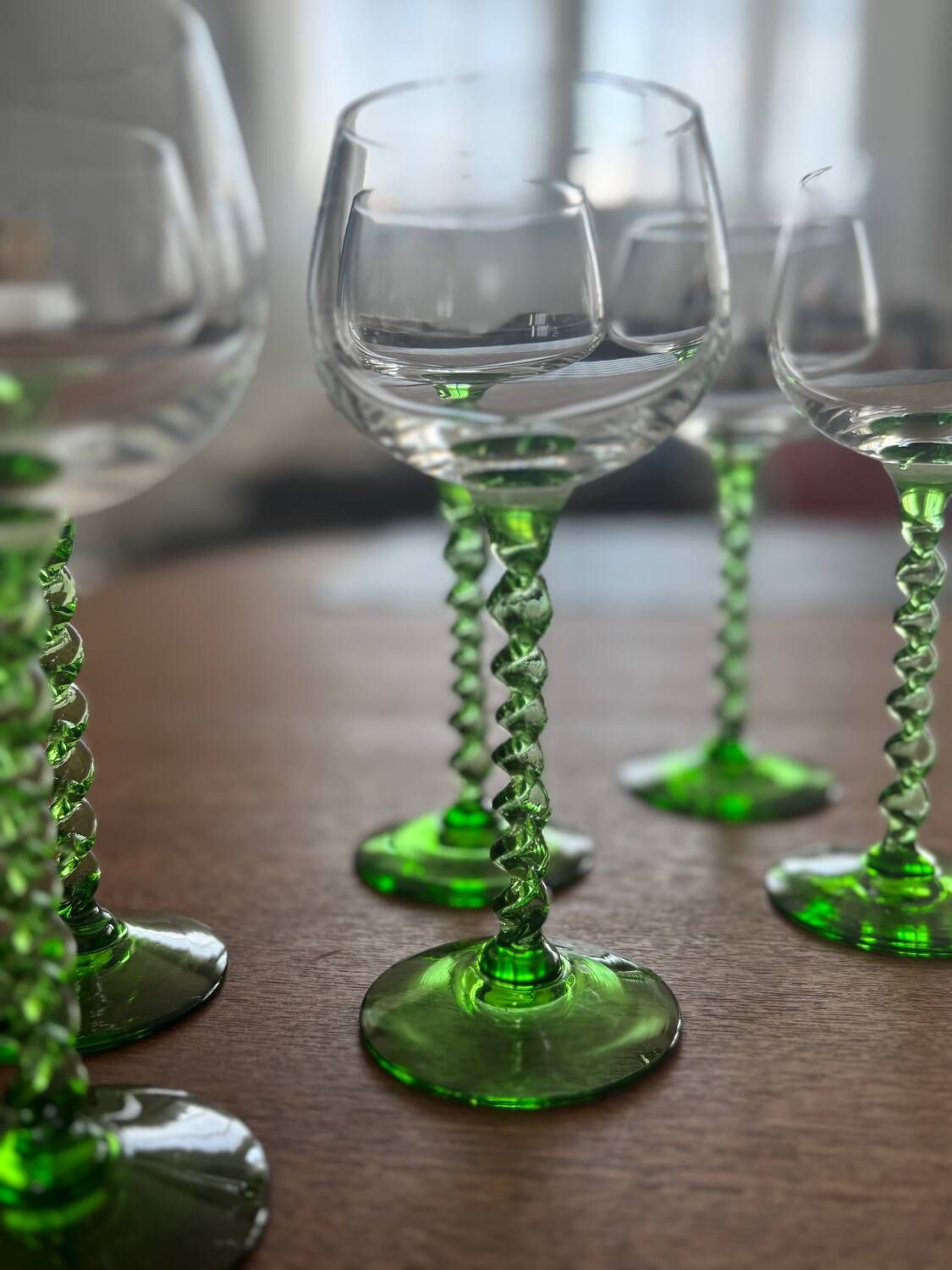 Alsatian white wine glass with a twisted green stem - vintage French stemmed glass