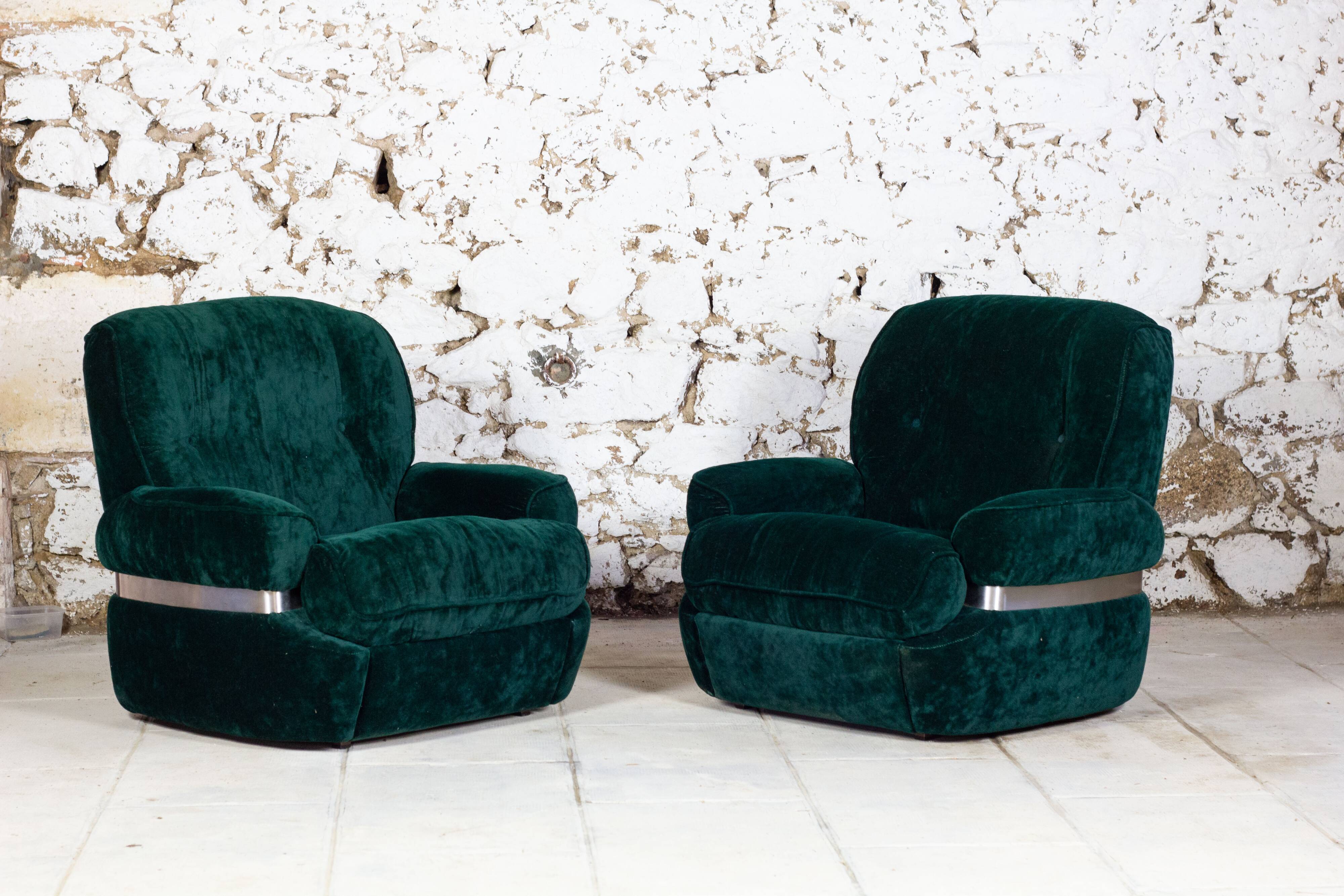 Green velvet armchair "spage age" by Beka, 1970