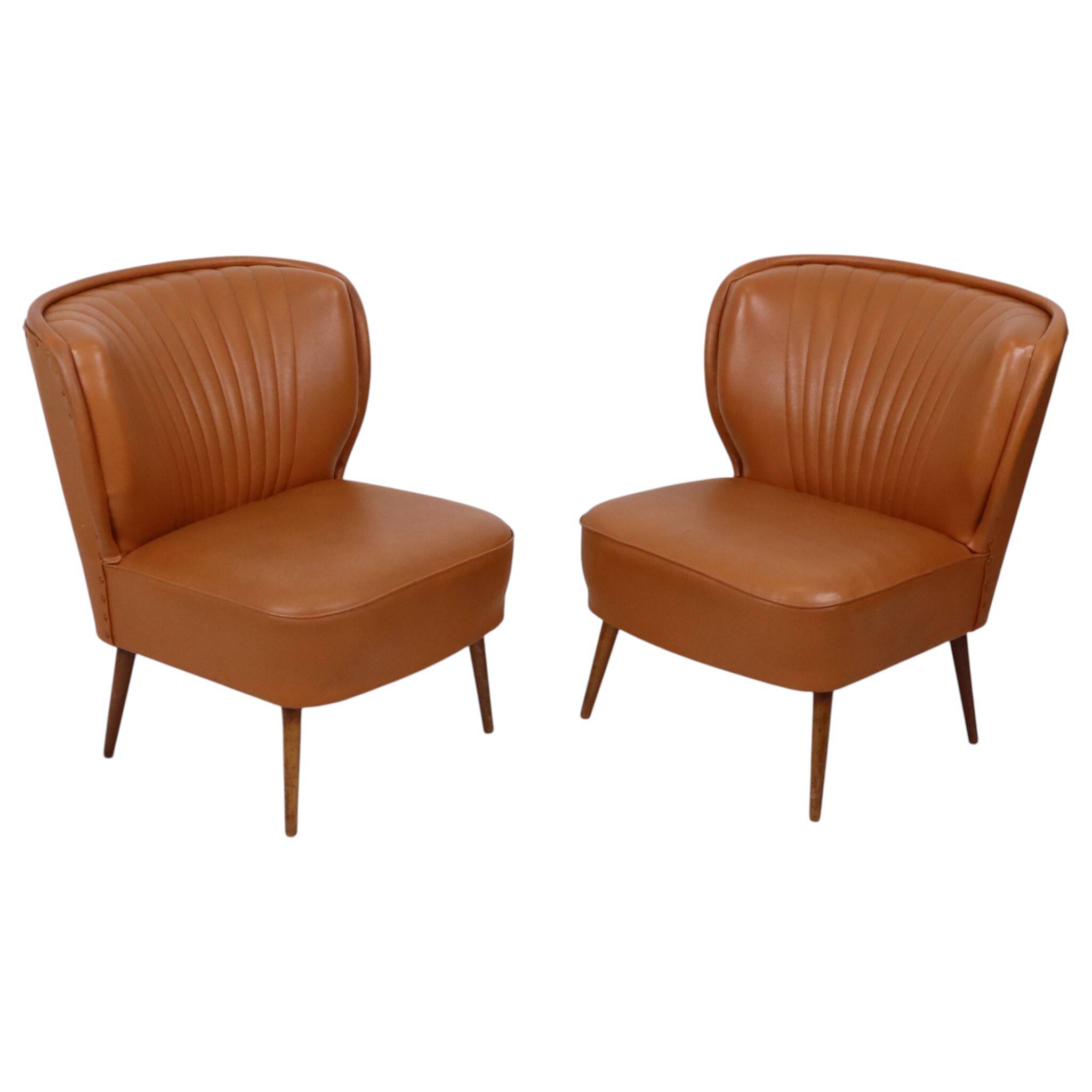 Pair of Vintage Expo 58 Cocktail Chairs, Cognac Faux Leather, Sixties