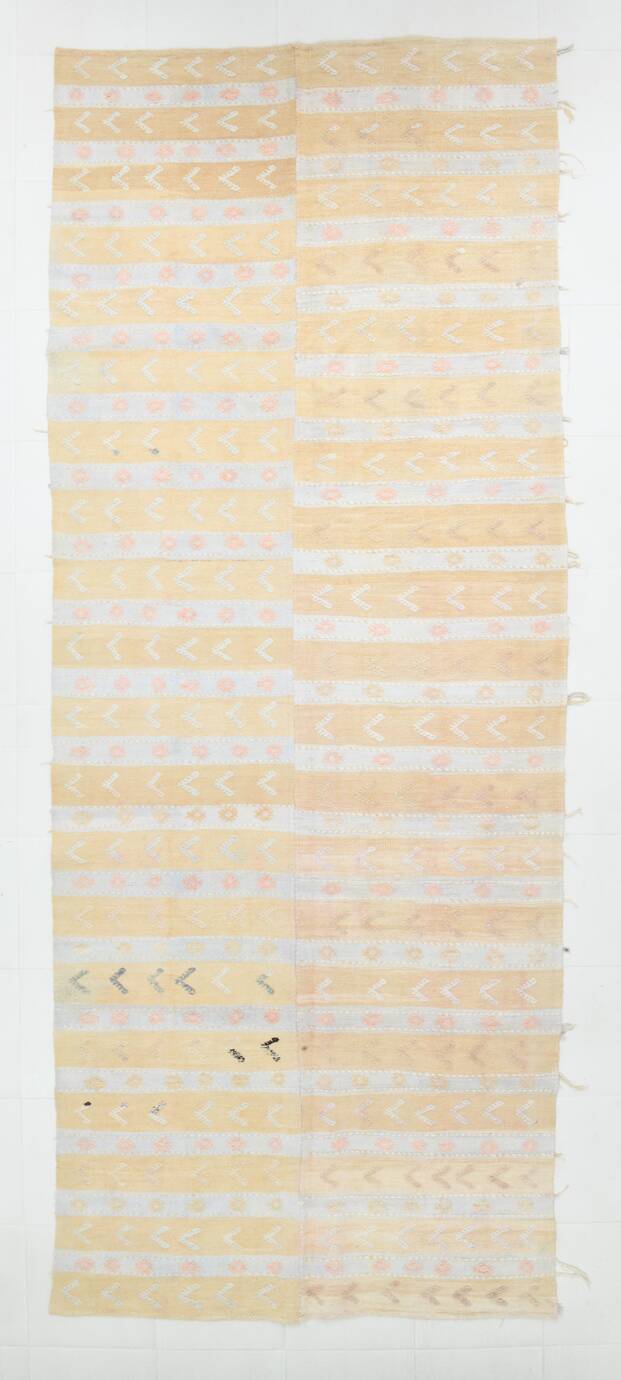 Soft Beige & Mustard Yellow Striped Wool Kilim Rug, 155x396