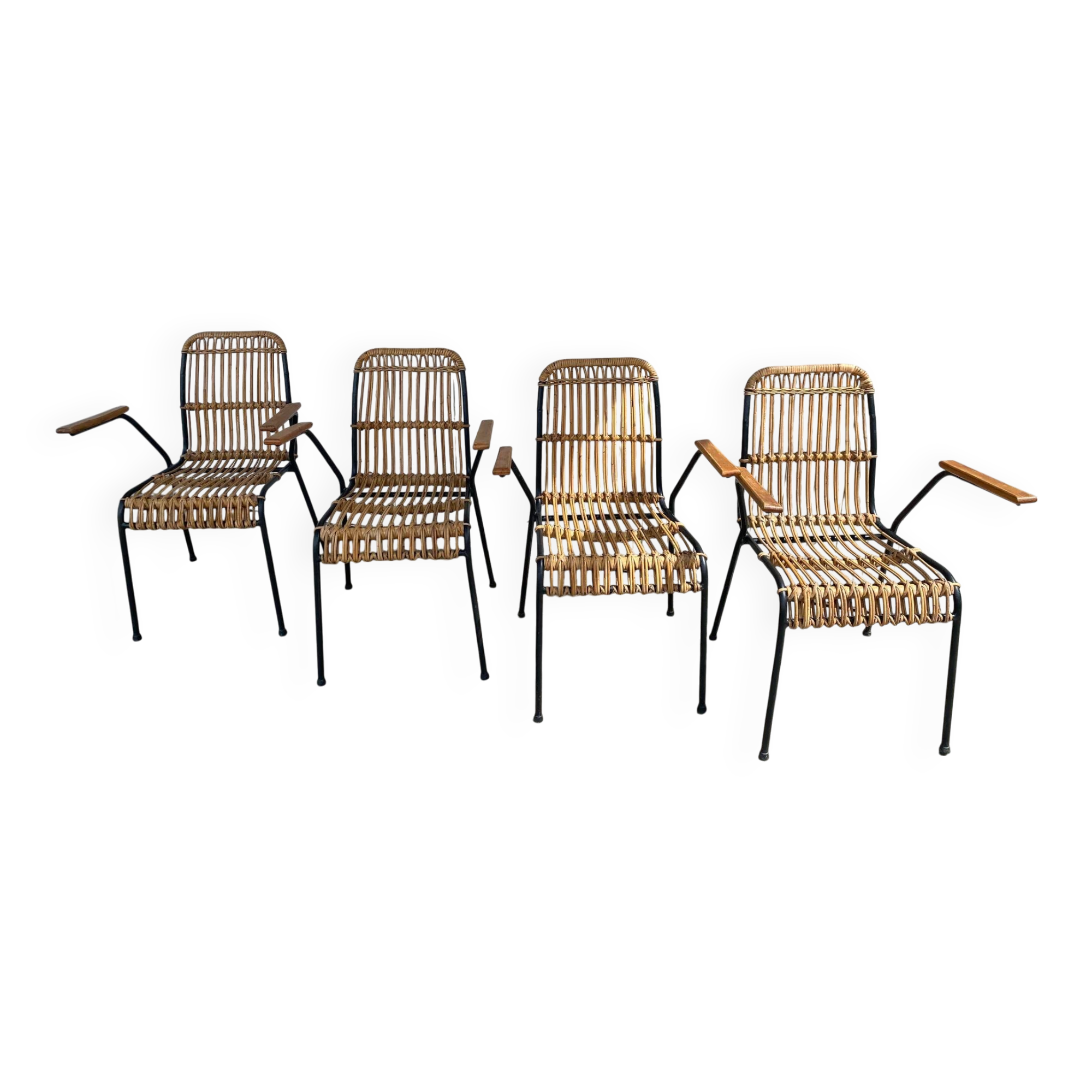 Set of 4 vintage rattan and bamboo chairs by Schumacher, Belgium 1950s.