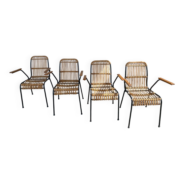 Ensemble de 4 chaises vintage en rotin et bambou, par Schumacher, Belgique 1950s