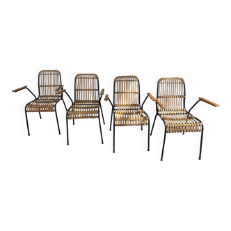 Set of 4 vintage rattan and bamboo chairs by Schumacher, Belgium 1950s.