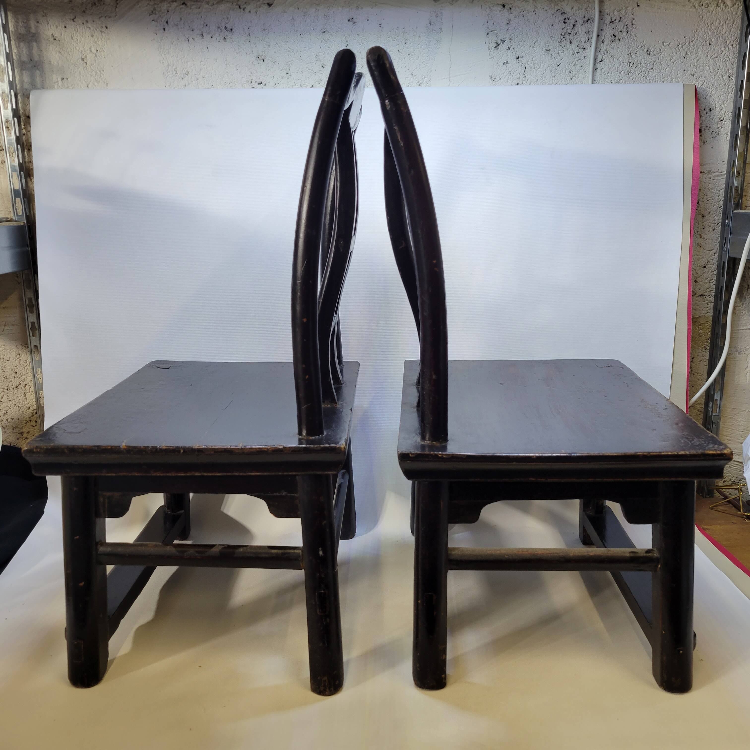Pair of old chairs armchairs 19th century Chinese stools in black lacquered wood