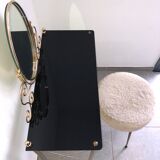Coiffeuse laiton , verre et plastique noirs avec son tabouret moumoute