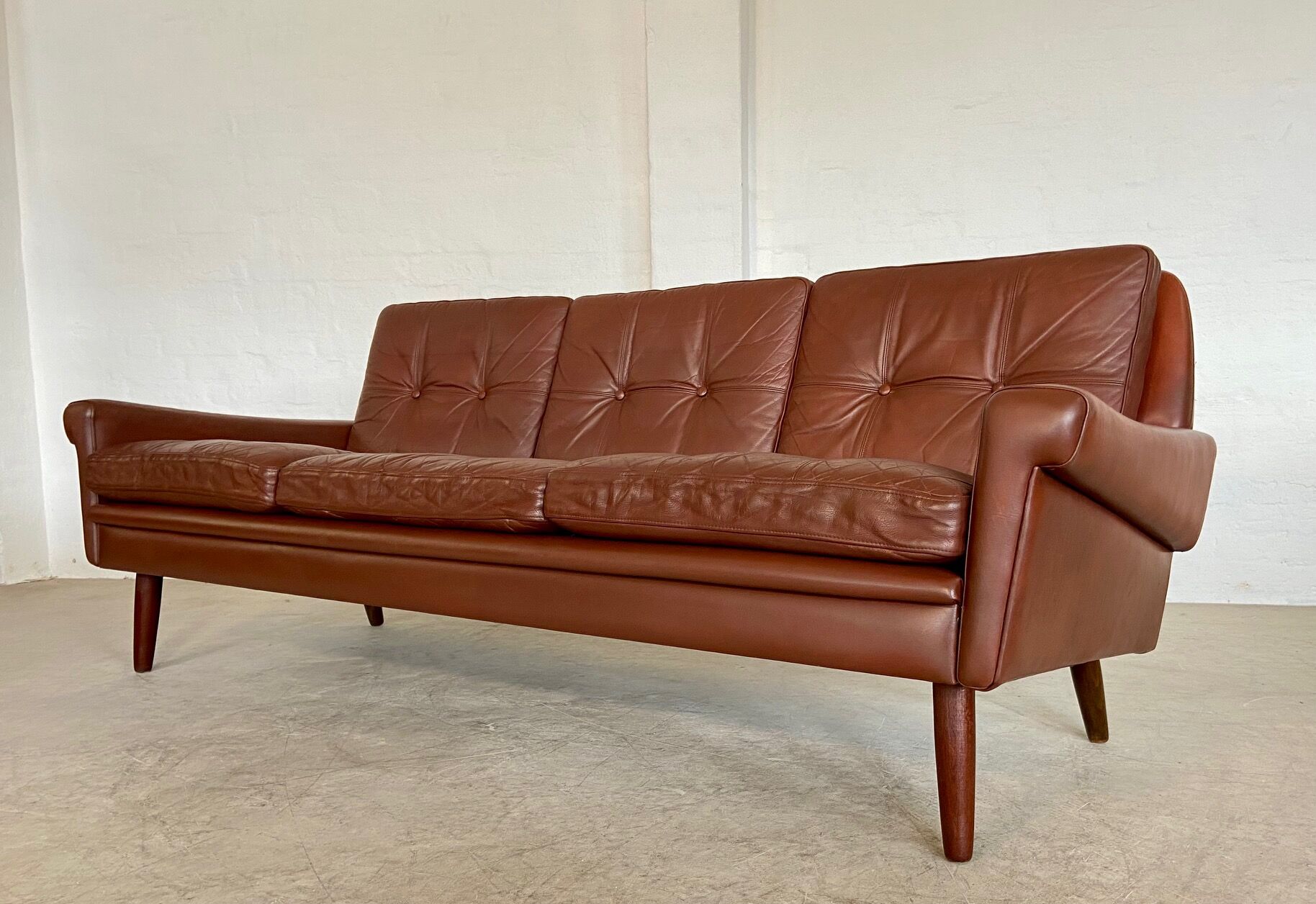 Danish mid-century Svend Skipper cognac 3 person sofa & lounge chair 1960s