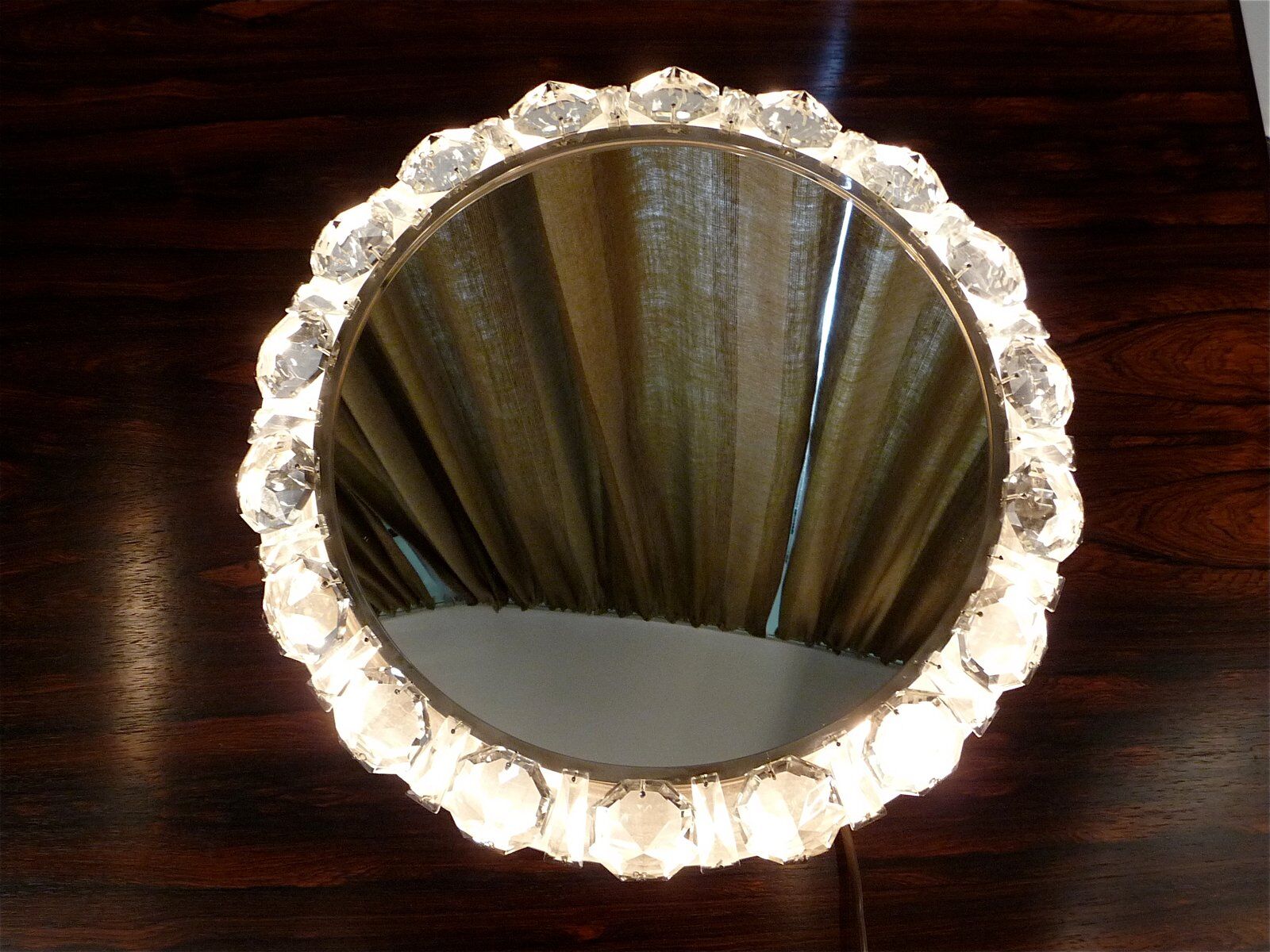 Illuminated round crystal glass mirror from Palwa, West-Germany 1950s