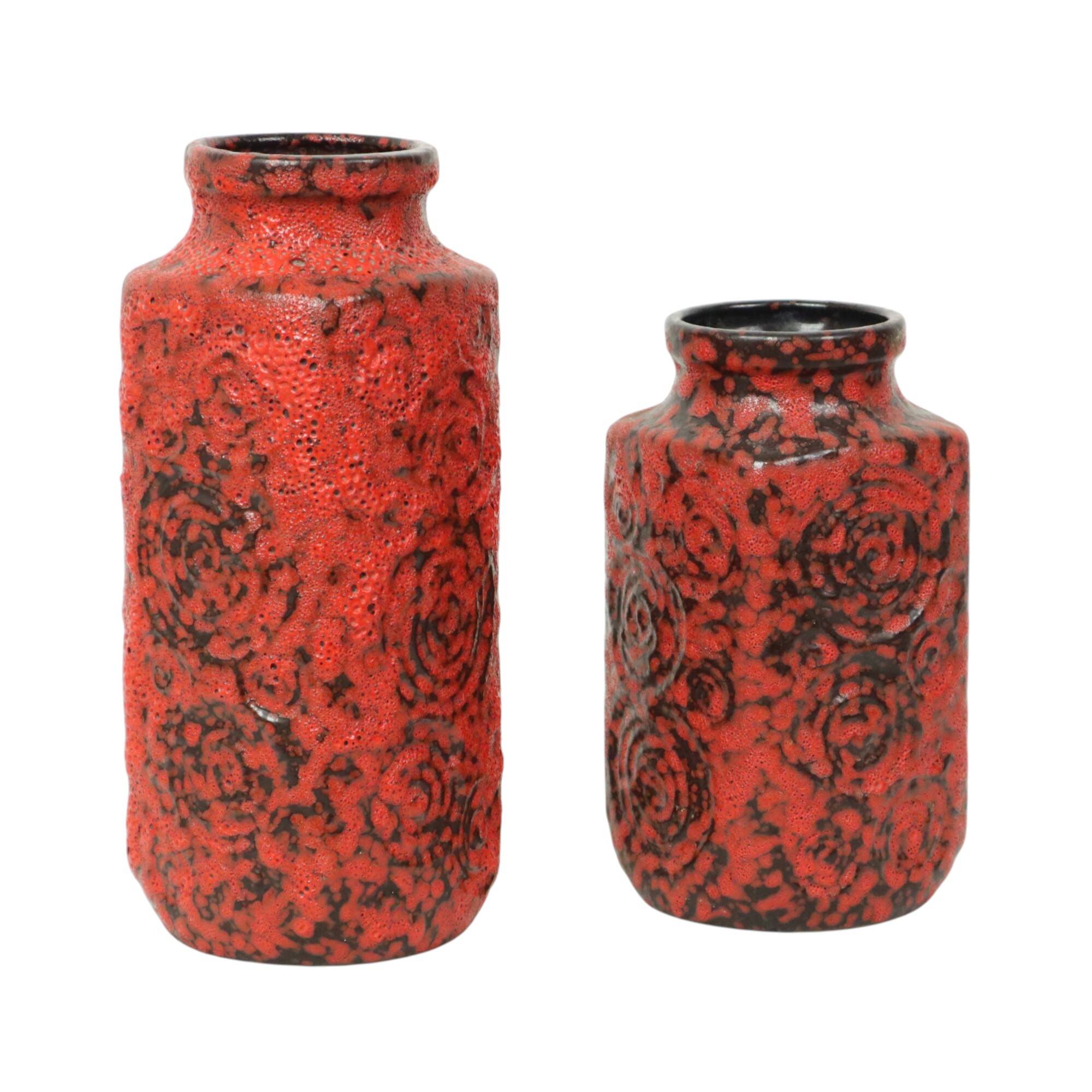 Set of 2 Red Fat Lava Vases Scheurich Jura West Germany