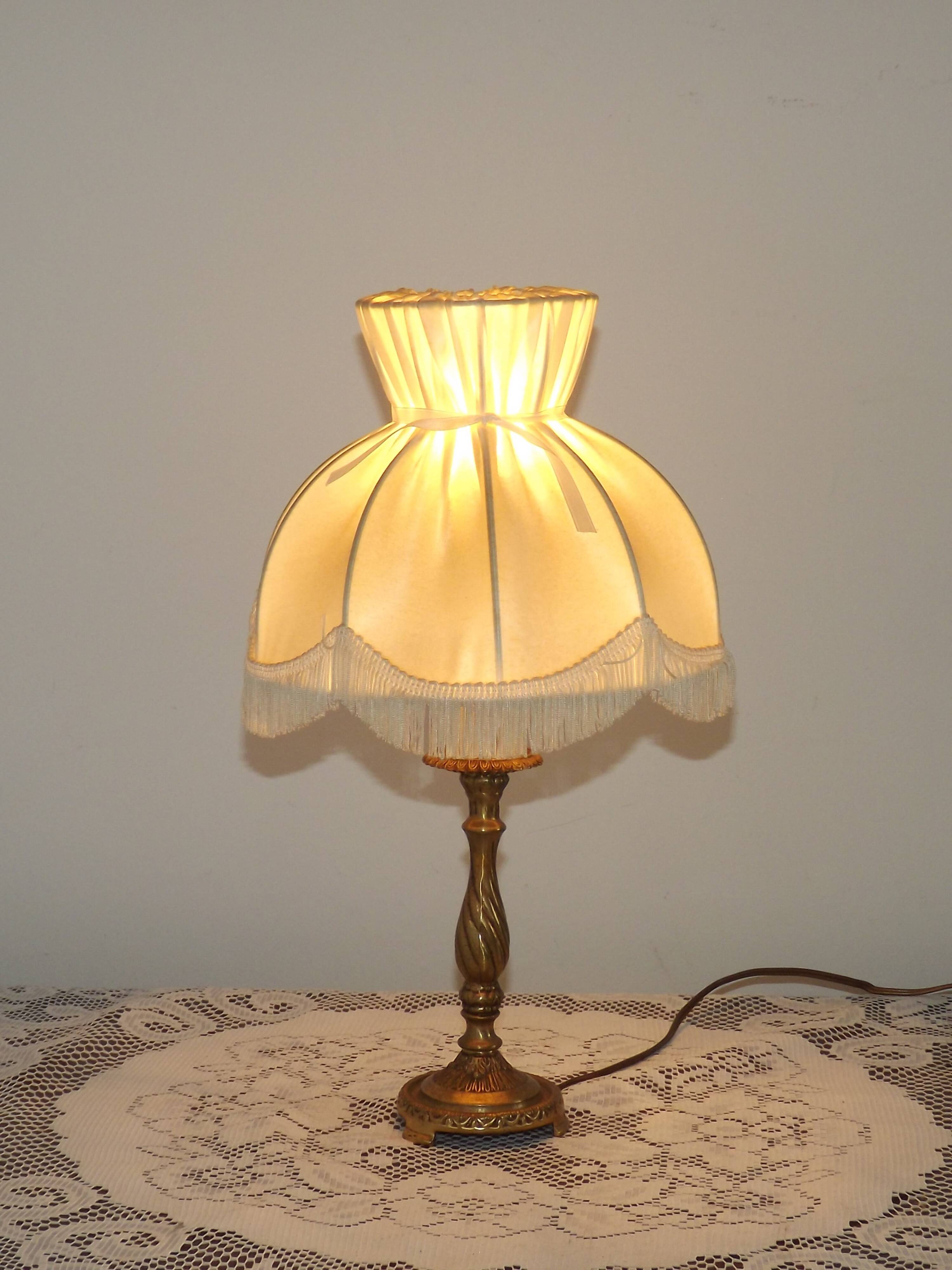 French Vintage Brass Table Lamp With Cream Fringed Shade 5567