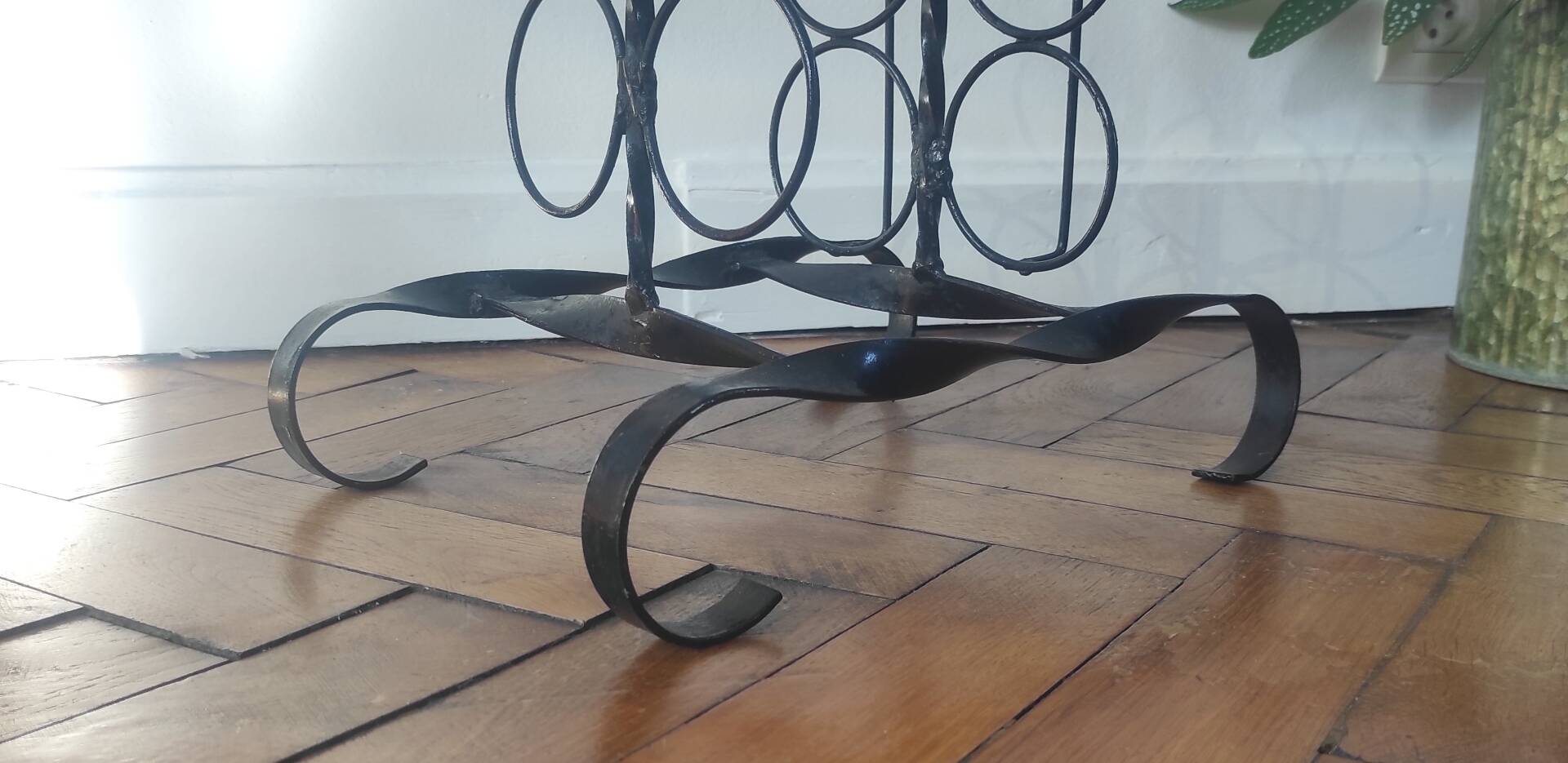 Side table, brutalist bottle holder in wrought iron and solid wood.