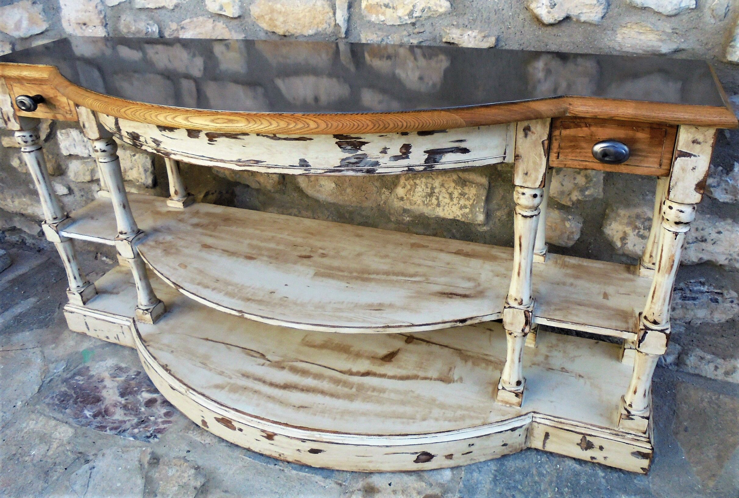 Wood console and polished steel top