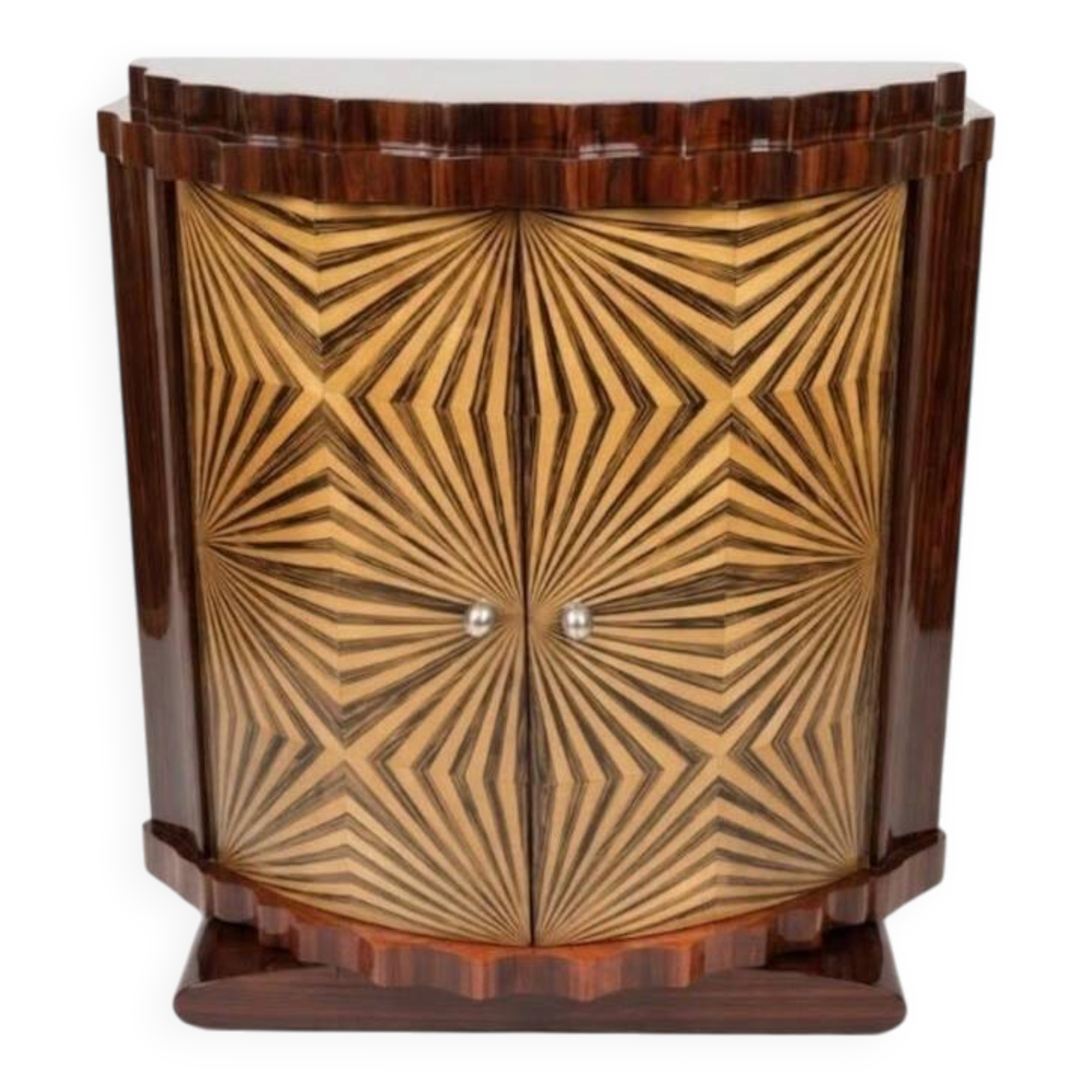 Very Art Deco two-door cabinet, geometric patterns in rosewood.