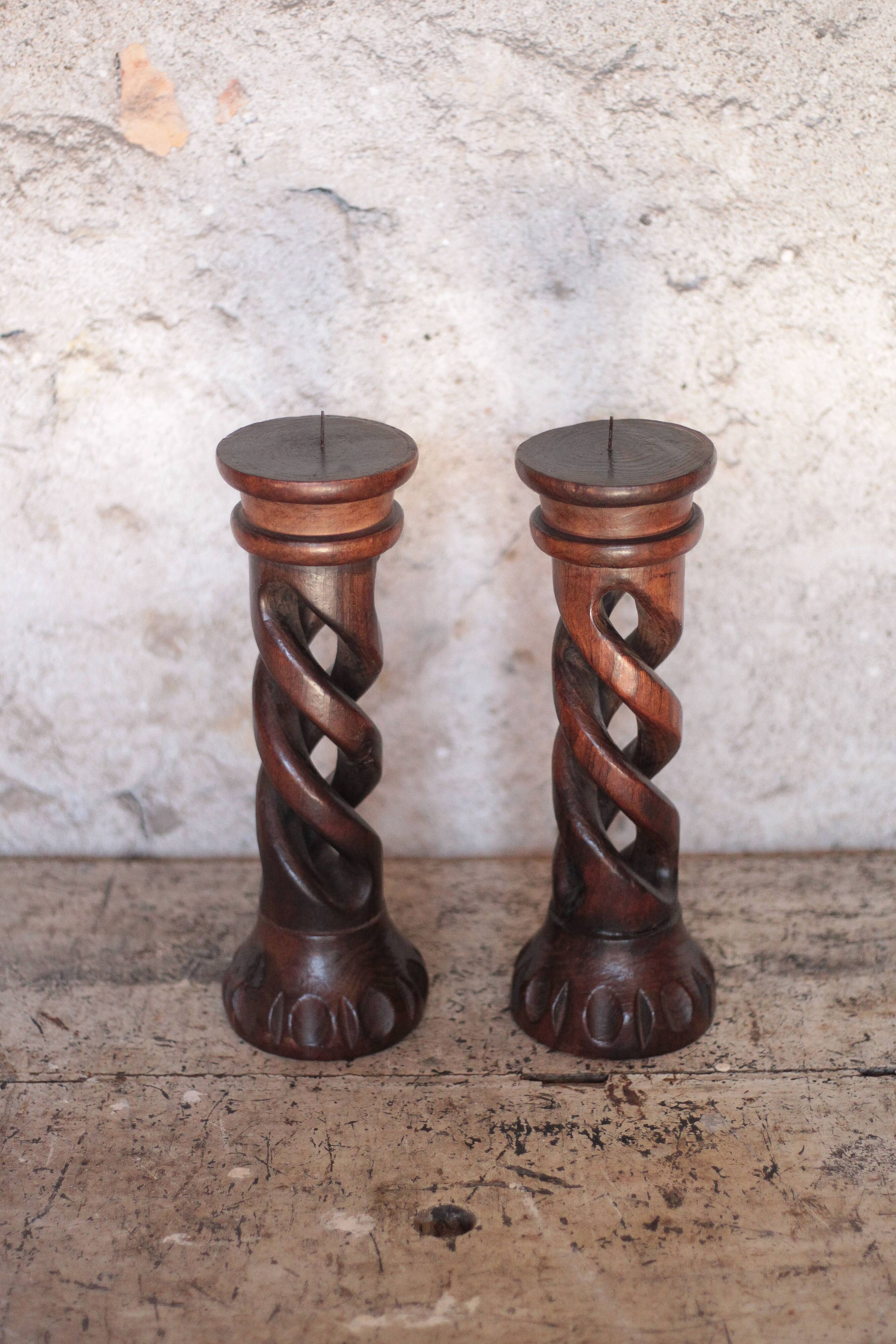 Pair of brutalist wooden candle holders, vintage wooden candle holder, decor