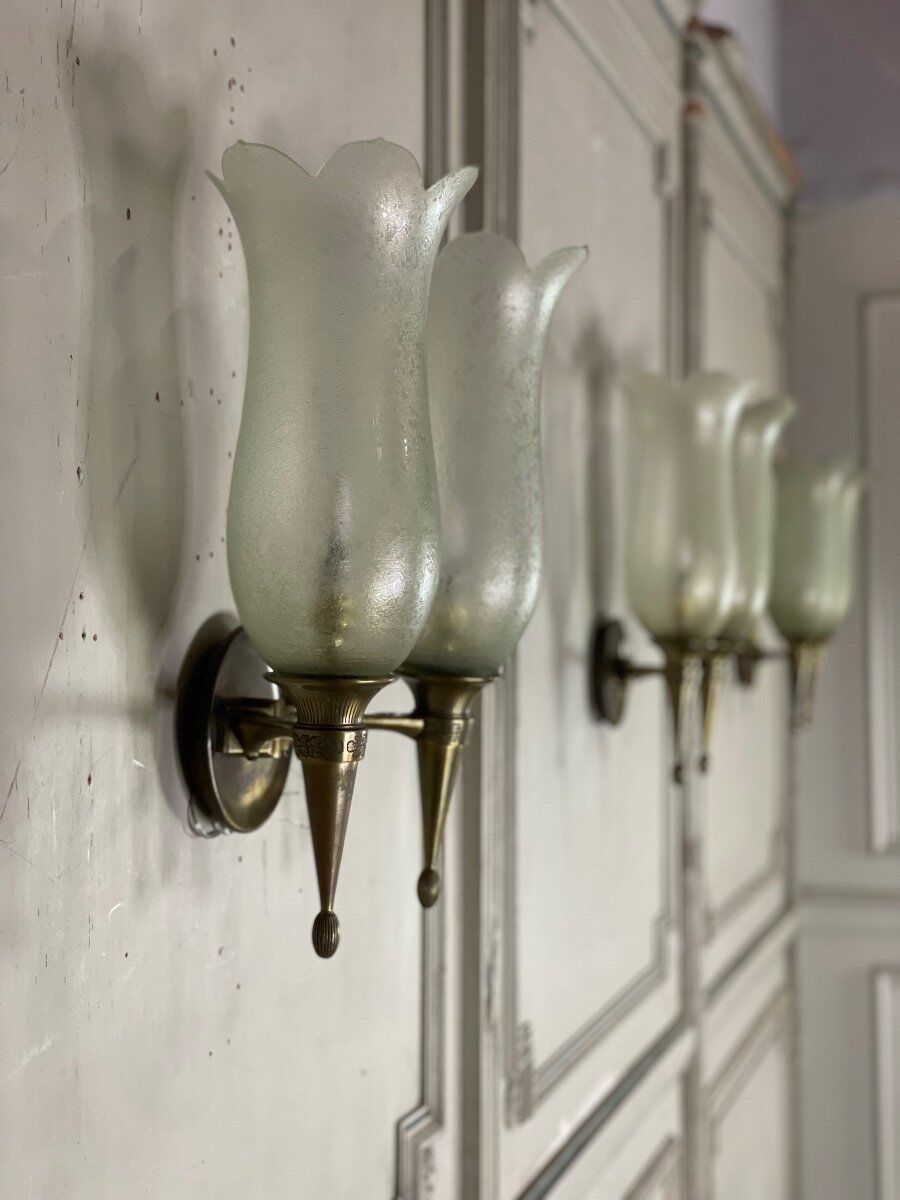 Suite of 4 wall lamps in bronze and murano glass, pier luigi colli and seguso, 1955