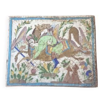 Carreau céramique joueur de polo Iran époque Qâjâr début XXe