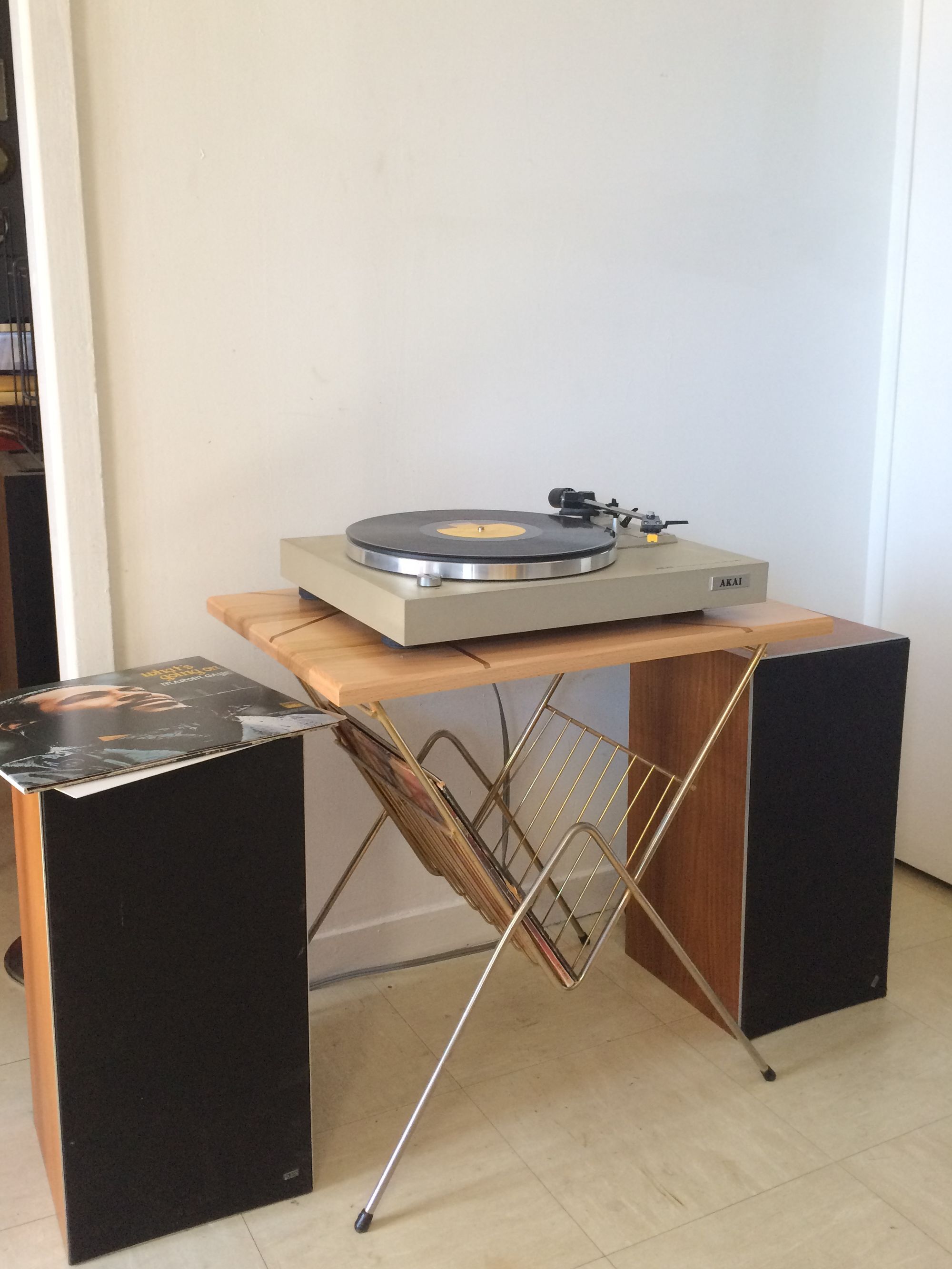Vintage gilded metal side table with magazines/vinyl records and original wooden top