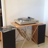 Vintage gilded metal side table with magazines/vinyl records and original wooden top