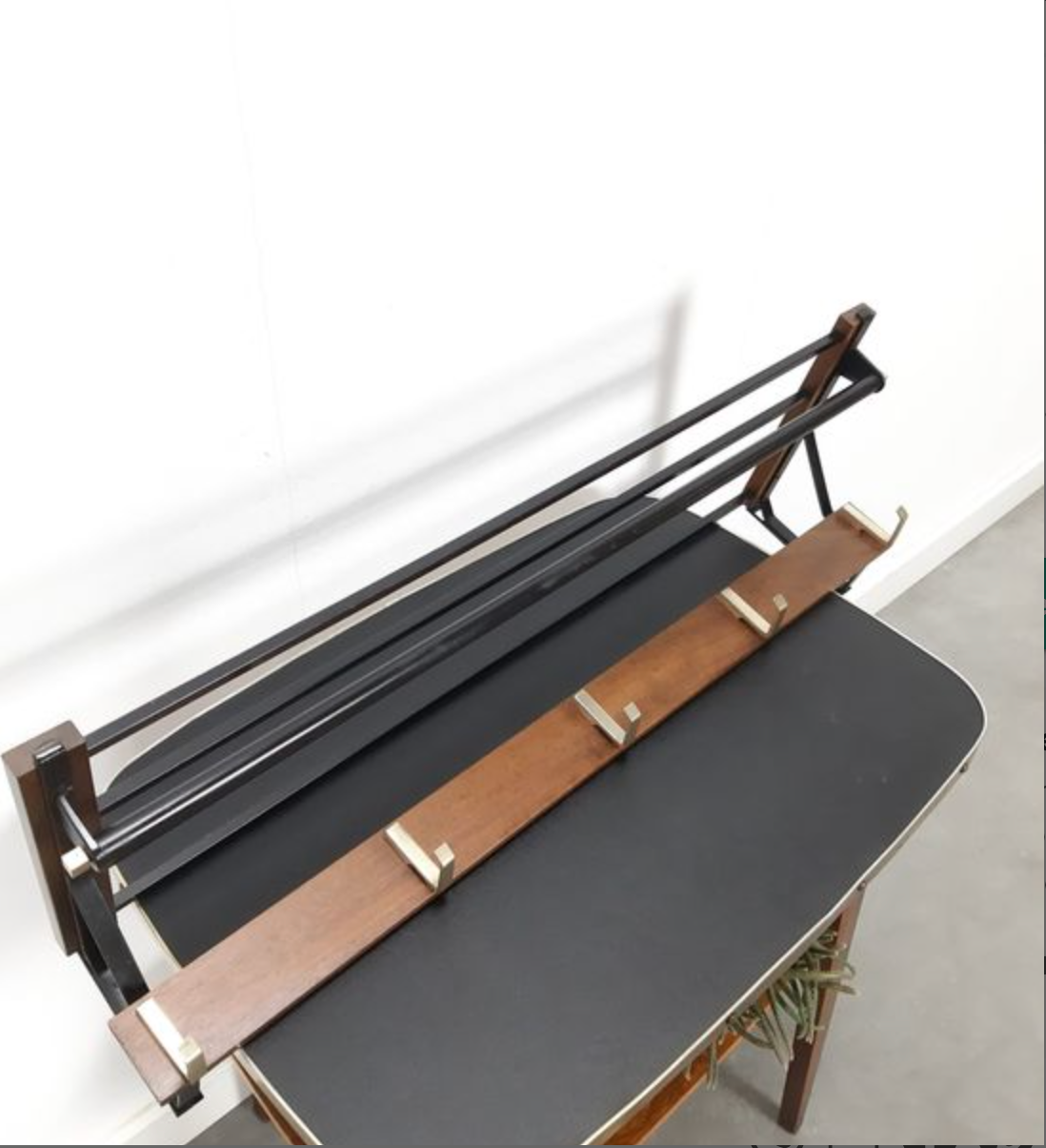 Vintage wooden wall coat rack with hooks and brass shelf