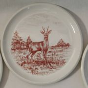 Set of 3 mismatched flat plates - red/burgundy decorations - deer and hare